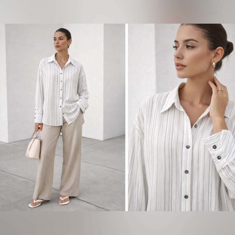 Hana San White With Black Stripe Button Down Top